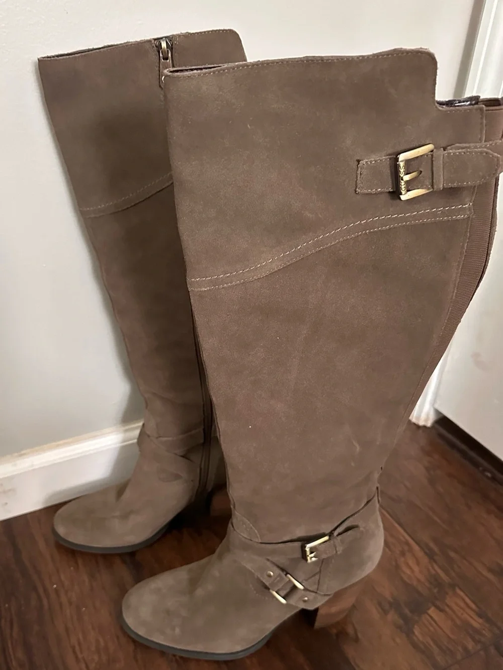 GUESS Taupe Suede Over-the-Knee Boots with Gold Buckles